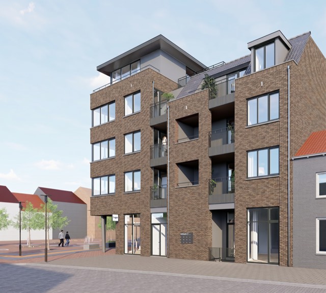 La Licorne, Oostburg - zijaanzicht met balkons aan de Nieuwstraat