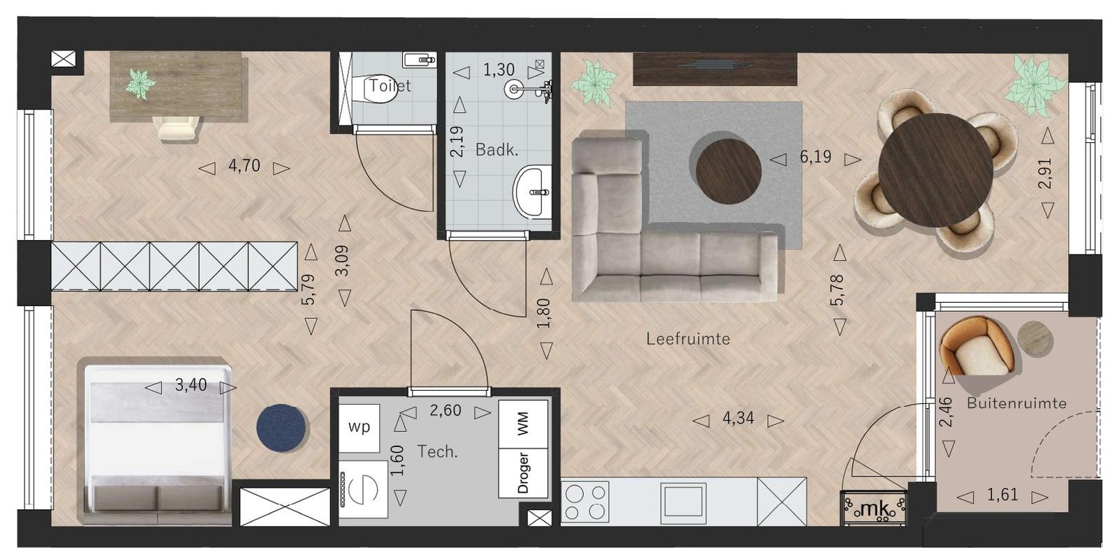 Sfeerplattegrond Appartement 1, La Licorne Oostburg