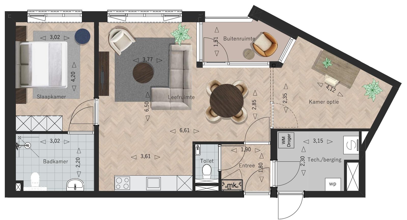 Sfeerplattegrond Appartement 2, La Licorne Oostburg